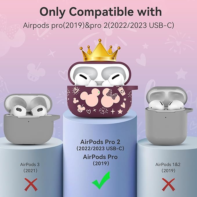 Compatible with Airpods Pro 2nd/1st Generation Case Cover with Keychain, Women Men Soft Silicone Two-Tone Cute Cartoon Engraved Convenience Protective Case, Front LED Visible Violet Smoke/Pink