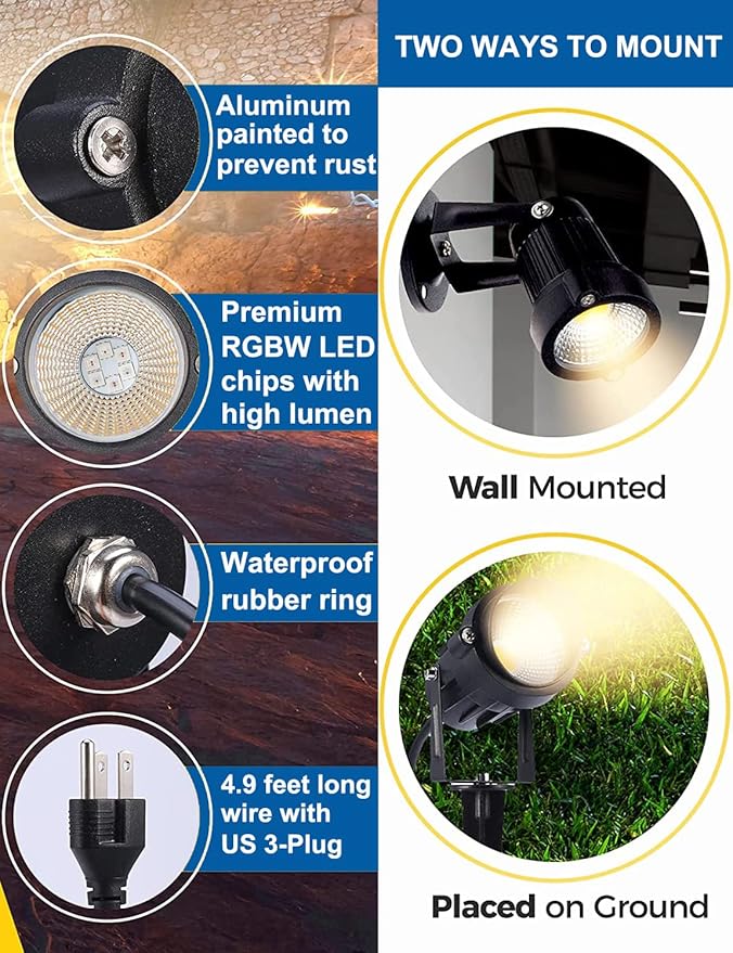 Halloween Landscape Lights with Remote Control 120V Landscape Lighting 12W RGBW Outdoor LED Spotlights Color Changing LED RGB Flood Spot Lights for Yard Garden Path Patio Tree Decorative