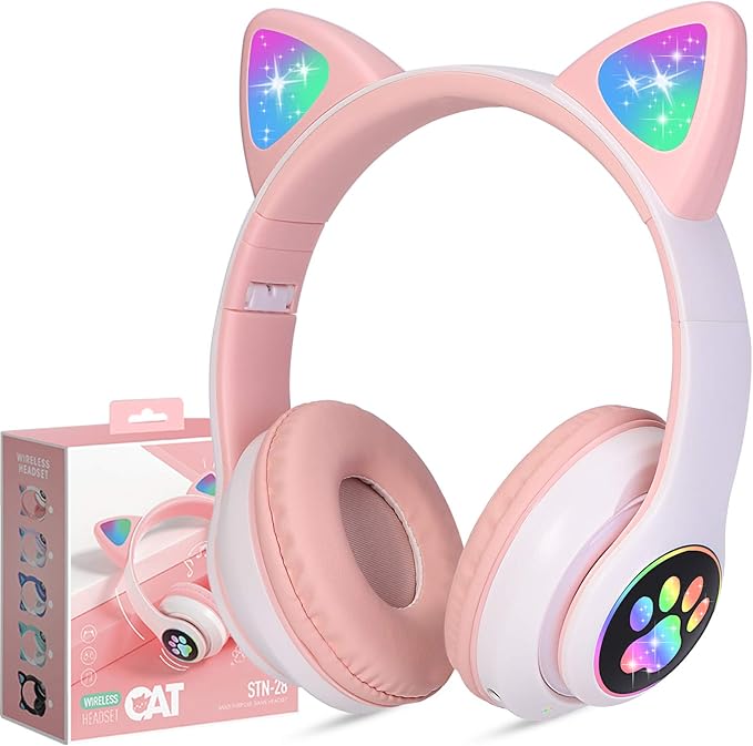 TCJJ Bluetooth 6.0 Cat Ear Kids Headphones for Girls, LED Light Up, 85dB Safe Volume Limit, Stereo Sound Toddler Foldable Wireless & 3.5mm Wired Headset with Mic for School, Tablet, Travel