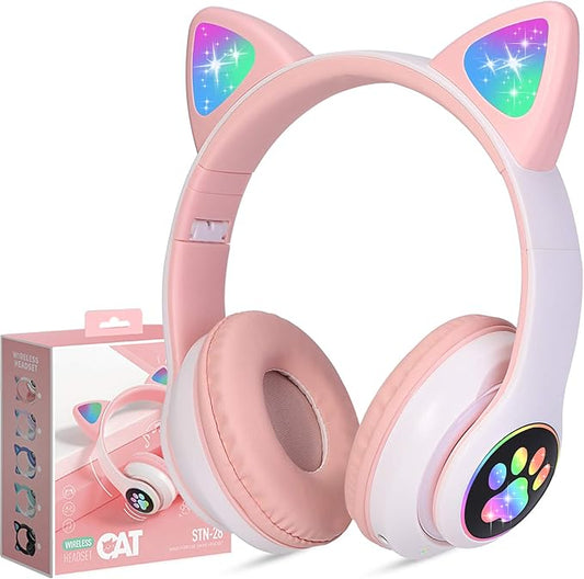 TCJJ Bluetooth 6.0 Cat Ear Kids Headphones for Girls, LED Light Up, 85dB Safe Volume Limit, Stereo Sound Toddler Foldable Wireless & 3.5mm Wired Headset with Mic for School, Tablet, Travel