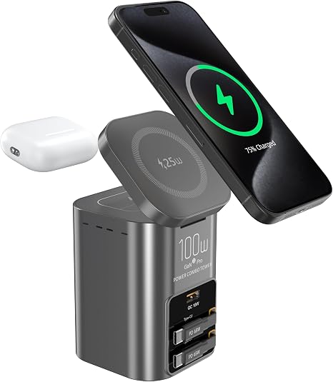 100W Multi-Function Desktop Charging Station, Wireless Charger with Dual 75cm Retractable USB-C Cables, USB-A QC3.0, Fast Charging for Laptops, Phones, Earbuds（I161C）