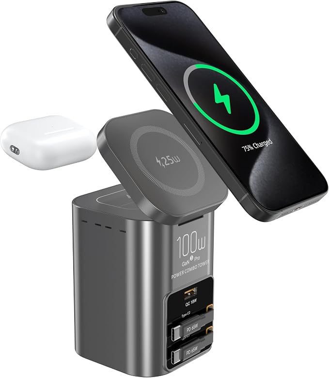 100W Multi-Function Desktop Charging Station, Wireless Charger with Dual 75cm Retractable USB-C Cables, USB-A QC3.0, Fast Charging for Laptops, Phones, Earbuds（I161C）