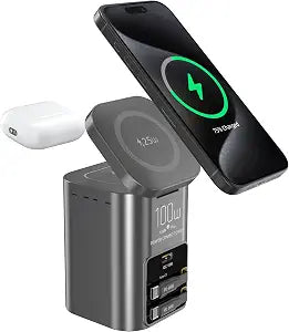 100W Multi-Function Desktop Charging Station, Wireless Charger with Dual 75cm Retractable USB-C Cables, USB-A QC3.0, Fast Charging for Laptops, Phones, Earbuds（I161C）