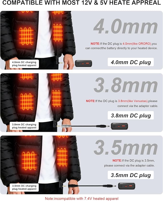 𝟏𝟐𝐕/𝟓𝐕 𝟐𝟎𝟎𝟎𝟎𝐦𝐀𝐡 Heated Jacket Battery Pack - Heated Vest Battery Pack with LED Display and 2 Adapter Cables for Wulcea, ULUSERN, Genovega, and Other Outdoor Heating Coat