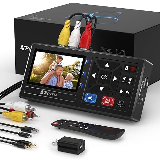 Portta VHS to Digital Converter, Video to Digital Recorder with Remote, Compatible with VHS, VCR, DVR, DVD, Hi8, Mini DV, Gaming Consoles (VCR, VHS/DVD Player, Camcorder Required)