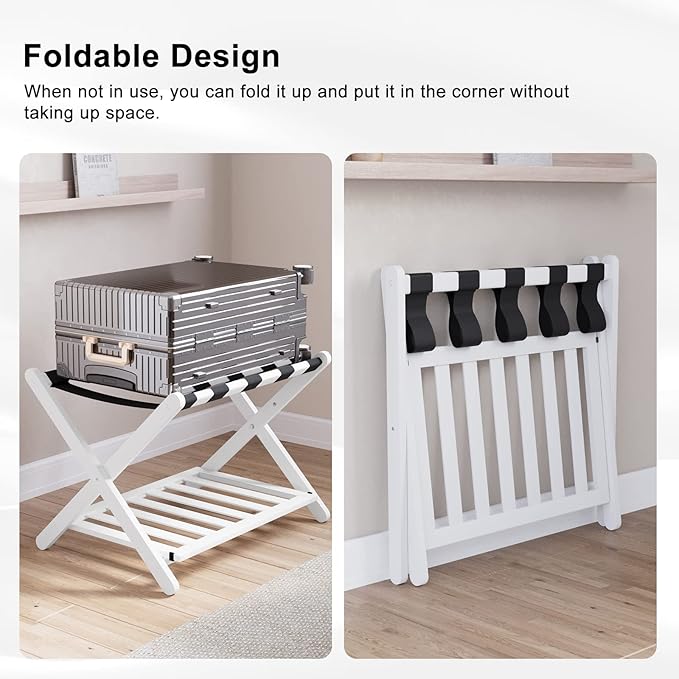 Smuxee Fully Assembled White Luggage Rack, Upgraded Bamboo Foldable Suitcase Stand with 5 Nylon Straps, Luggage Holder with Shelf for Guest Room Bedroom Hotel (White Luggage Rack 1pcs)