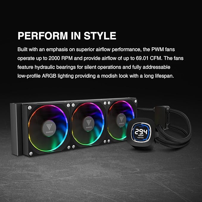 GAMDIAS 240mm CPU Liquid Cooler AIO w/ 2.1" Display & Customized Software, CPU Water Cooler w/Thick Radiator and ARGB PWM 2X 120mm Computer PC Case Fans, Compatible w/Intel 1700/1200 & AMD AM5/AM4