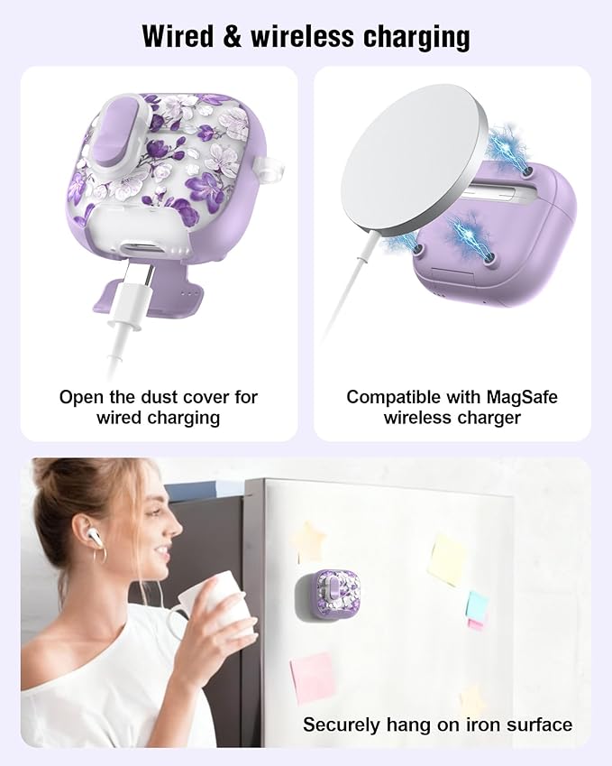 TATOFY for AirPods 4th Generation Case with Phone Stand Lanyard Lock Cleaning Kit, Compatible with Magsafe, Flowers Hard AirPod 4 Cover for Women (Purple, AirPods 4th)