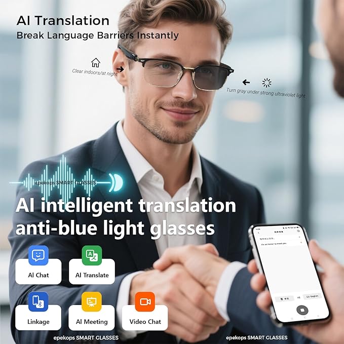 AI Smart Glasses Bluetooth Audio Glasses Sunglasses with Photochromic Lenses, Translation, Music, Calls, Voice Assistant, Open-Ear Stereo Speakers, Blue Light Filter & UV Protection Men Women