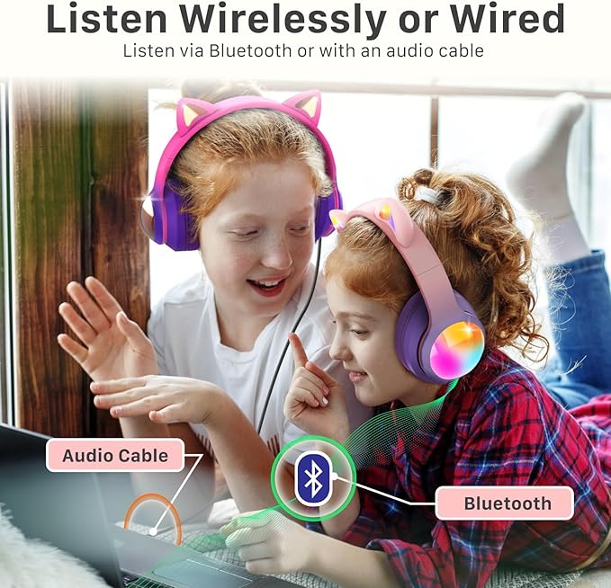 FosPower Kids Bluetooth 5.2 Headphones with LED Cat Ears (85/94dB Safe Volume Limit) Foldable Wireless or Wired Headset with 100hr Play Time and 3.5mm Cable for School/Travel - Light Pink/Light Purple