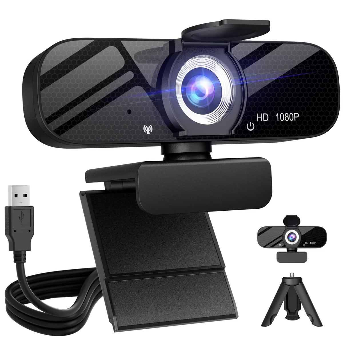 Tewiky Full HD Webcam with Built-in Microphone and Rotatable Tripod, 1080P Video and Wide Angle Camera, Privacy Cover, for Desktop PC or Laptop Computer - Image 1