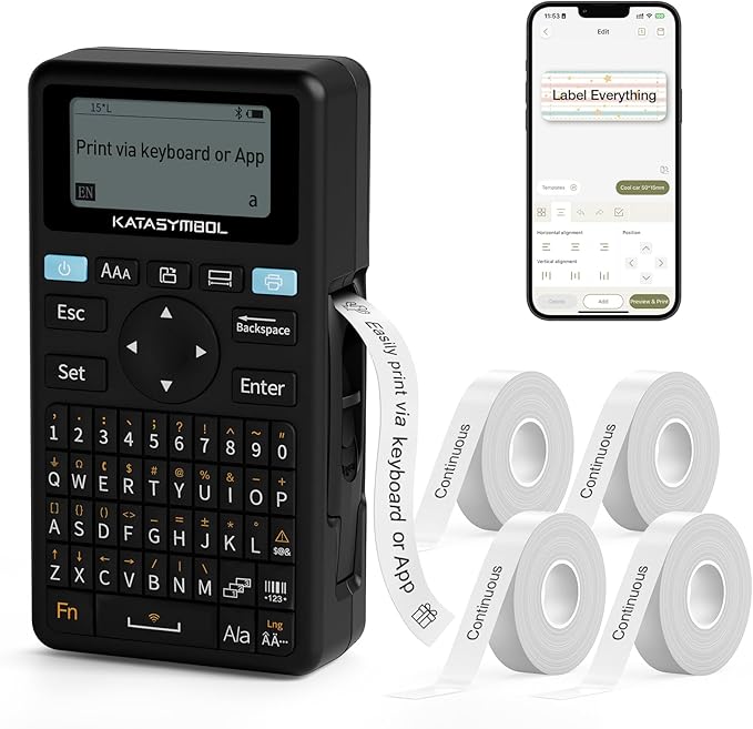 SUPVAN E11 Bluetooth Label Maker Machine with 4 Tapes, Support Keyboard & App with 40 Fonts and 650+ Icons, Rechargeable Inkless Labeler for Home, Kitchen, Office, School, Organization, Black