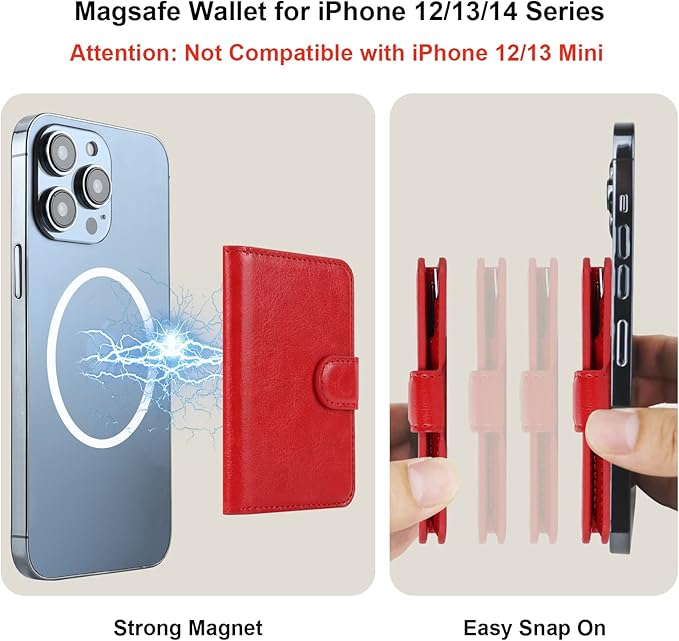 Bocasal for MagSafe Wallet Magnetic Card Holder, RFID Blocking Leather Card Slots for iPhone 17/16/15/14/13/12 Pro/Max/Plus/Air, Adjustable Kickstand Flip Mag Safe Wallet (Red)