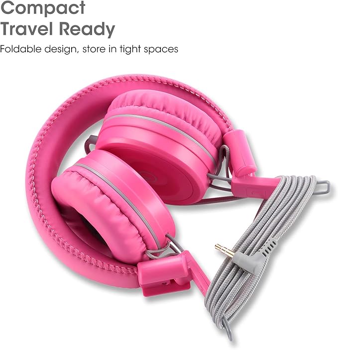 noot products Kids Headphones K22 Foldable Stereo Tangle-Free 5ft Long Cord 3.5mm Jack Plugin Wired On-Ear Headset for iPad/Amazon Kindle Fire/Girls/School/Laptop/Travel/Plane/Tablet FlamingoPink