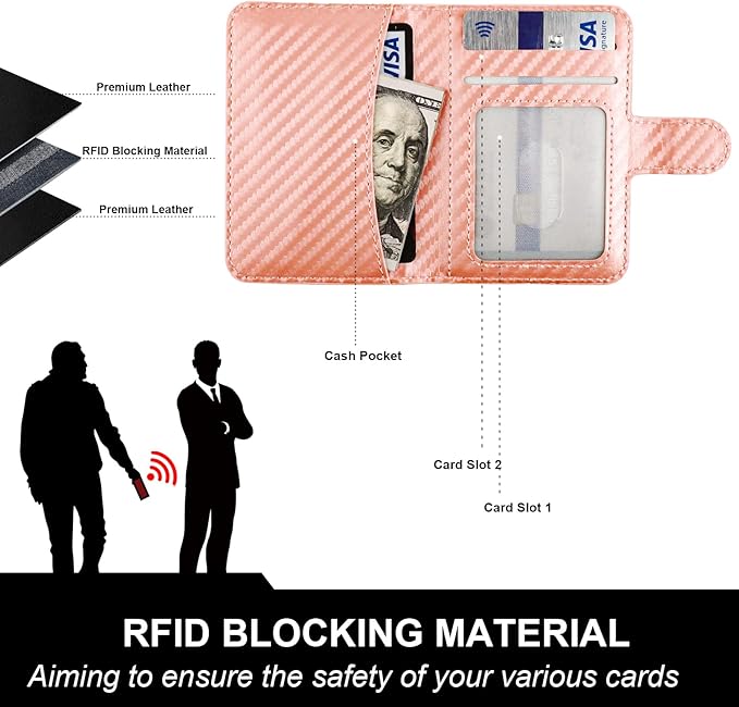 Bocasal for MagSafe Wallet Magnetic Card Holder, RFID Blocking Leather Card Slots for iPhone 17/16/15/14/13/12 Pro/Max/Plus/Air, Adjustable Kickstand Flip Mag Safe Wallet (Carbon Filber Rose Gold)