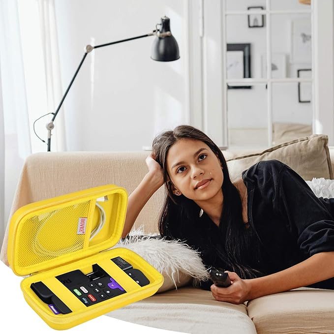 BOVKE Hard Case for Roku Voice Remote Controller, Roku Streaming Stick+ / 4K, Roku Remote Case for Roku TV Steaming Stick 3820R/ 3821R/3941R, Extra Mesh Pocket for Adapters, Cables, Yellow