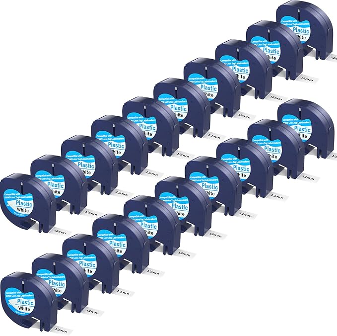 20 Pack Compatible with Dymo Letratag Refills 91201 91331 S0721660 Label Maker Tape White Plastic 12mm x 4m 1/2" x 13', Work with Dymo Letra Tag LT-100H LT-100T Plus 200B QX50 XR XM 2000