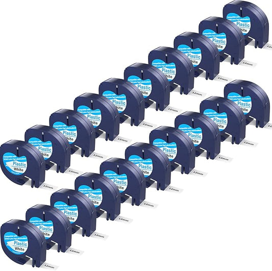 20 Pack Compatible with Dymo Letratag Refills 91201 91331 S0721660 Label Maker Tape White Plastic 12mm x 4m 1/2" x 13', Work with Dymo Letra Tag LT-100H LT-100T Plus 200B QX50 XR XM 2000