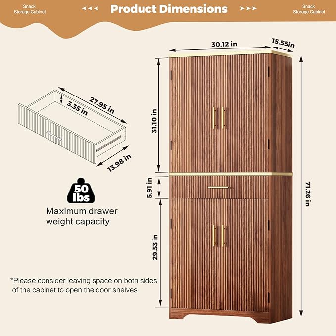Fluted Pantry Cabinet, 71" Tall Modern Storage Cabinet with 4 Doors, Organizer, Drawer and 8 Door Shelves, Wood Cupboard for Kitchen, Dining Room, Living Room and Bathroom, Walnut