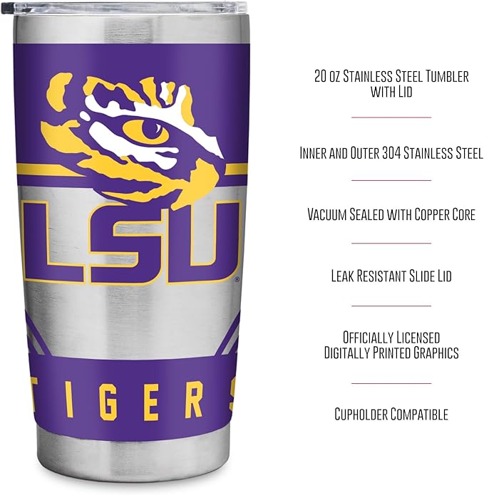 Rico Industries NCAA 20oz Stainless Steel Tumbler with Lid - Great For Coffee, Tea, Water or Cocktails