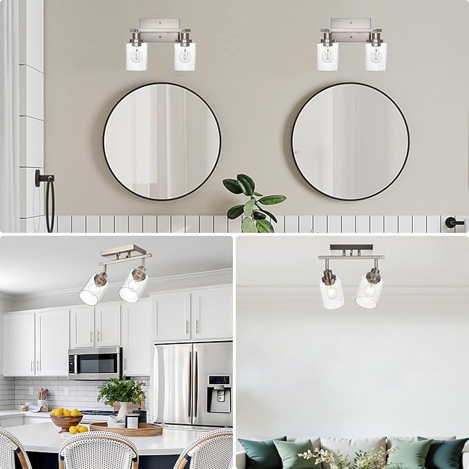 2-Light Brushed Nickel Kitchen Track Lighting Fixtures Ceiling Mount Track Lighting Kit with Bubble Seeded Glass Shade Modern Bathroom Tracking Vanity Lights Ceiling Tracking Accent Shop Light