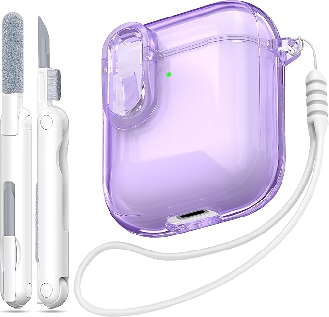 for Airpods 2nd Generation Case Cover with Secure Lock, Clear Soft TPU Transparent Military Grade Shockproof Protective Case with Cleaning Pen for Apple Airpods 2nd 2019, Clear Purple