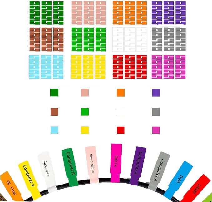 12 Sheet 360 Pcs Cable Labels Tags for Cable Management, YTPZCL Colorful Waterproof Cord Labels Tags for Electronics, Self Adhesive Tear Resistant Wire Labels for Laser Printer and Handwriting, A4