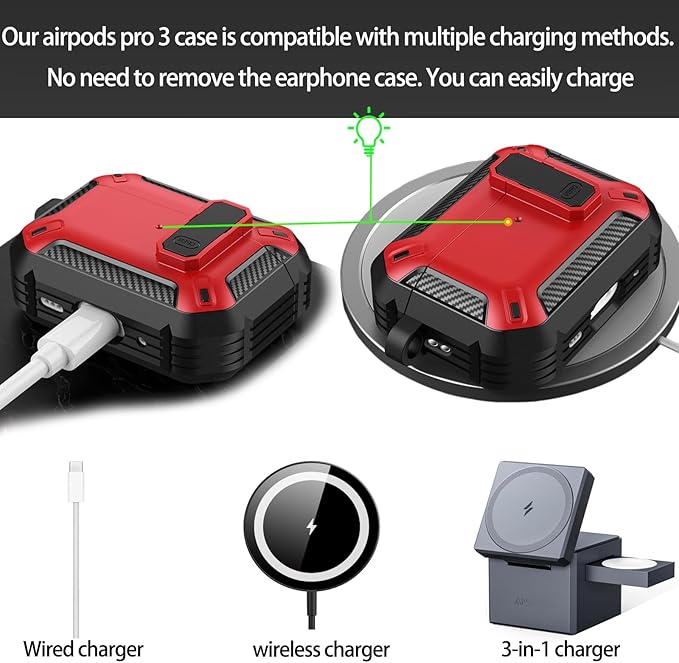 for AirPods Pro 3 Case (2025, Model A2700/A2931) | Full Drop Protection with Carabiner | AirPods 3 Pro Case for Men Women(Black RED)