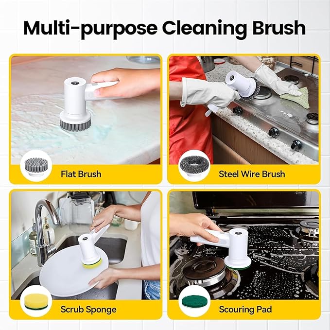 KtEli Electric Spin Scrubber, 2 Speeds Electric Cleaning Brush, Cordless Shower Cleaning Brush with 4 Brush Heads | Versatile Power Scrubber for Bathroom, Shower, Tub, Tile, and Car, White