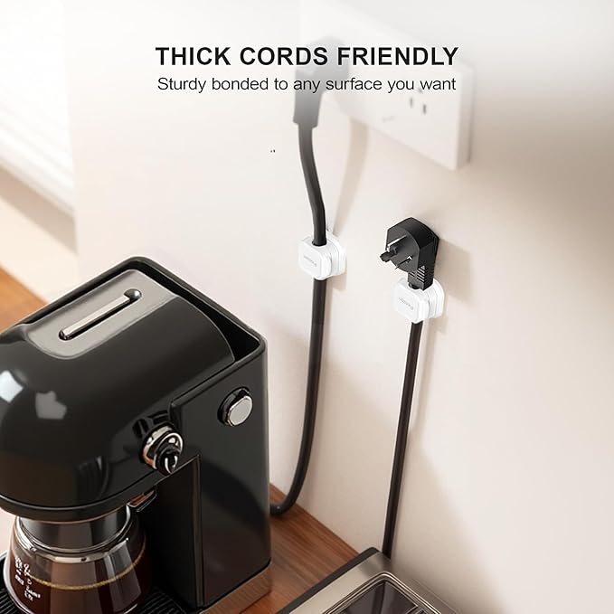 Coffee maker with a power cord holder on a white wall, showing 'Thick Cords Friendly' text.