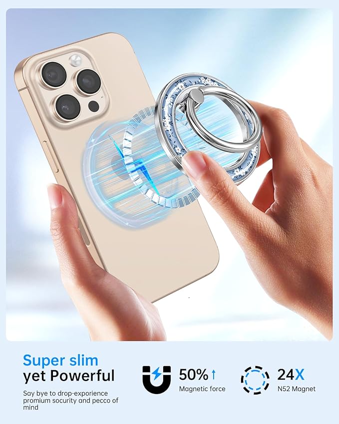 Magnetic Phone Ring Holder Compatible with MagSafe - Cell Phone Grip Magnet Removable Finger Ring Grip Stand Cute Kawaii Design for iPhone 17 Pro Max 16 15 14 13 12 Series Blue Little Flower