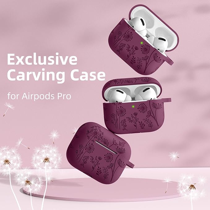 Lerobo Purplish Red Silicone Case for AirPods Pro 2/1 2023/22/19, Floral Engraved Protective Cover with Keychain, Portable Electronic Device Cover