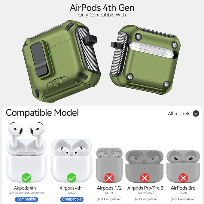 for AirPods 4 Case (2024) with Phone Stand,（with Automatic Snap Switch） Carbon Fiber Design Protection Cover with Cleaning Pen,Dark Green