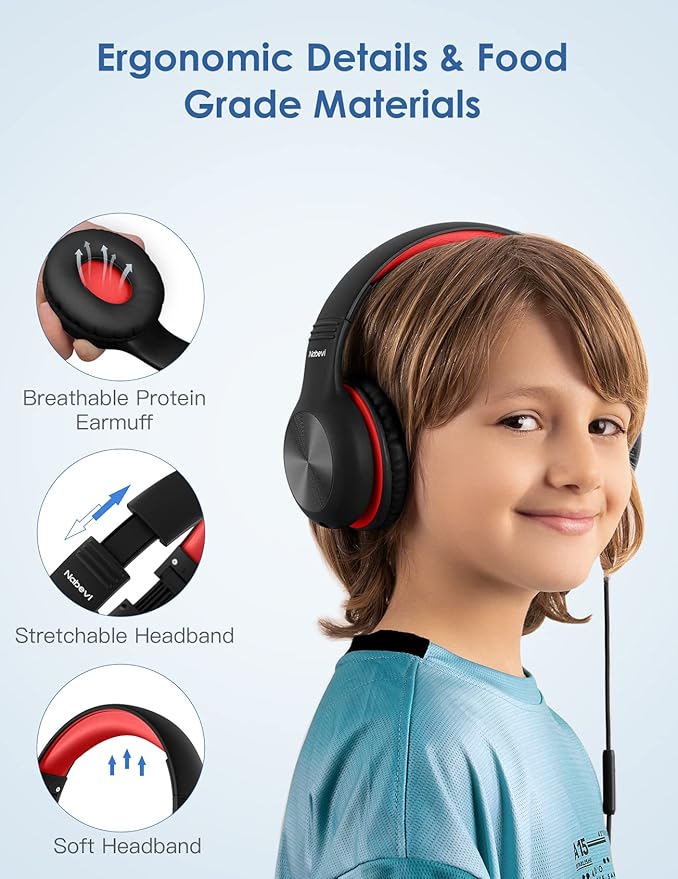 Headphones for Kids for School, Kids Headphones with Microphone, Sharing Function, 85dB/94dB Safe Volume Limit, HD Sound, Over Ear Kid Headphone for School, On-line Study, Travel, Red
