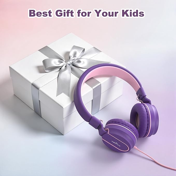 Kids Headphones, Wired Headphones for Kids On Ear with Microphone, 93dB Volume Limiter Headphone for Girls Boys, Foldable Lightweight Headphone for School Learning & Entertainment, Pink Purple