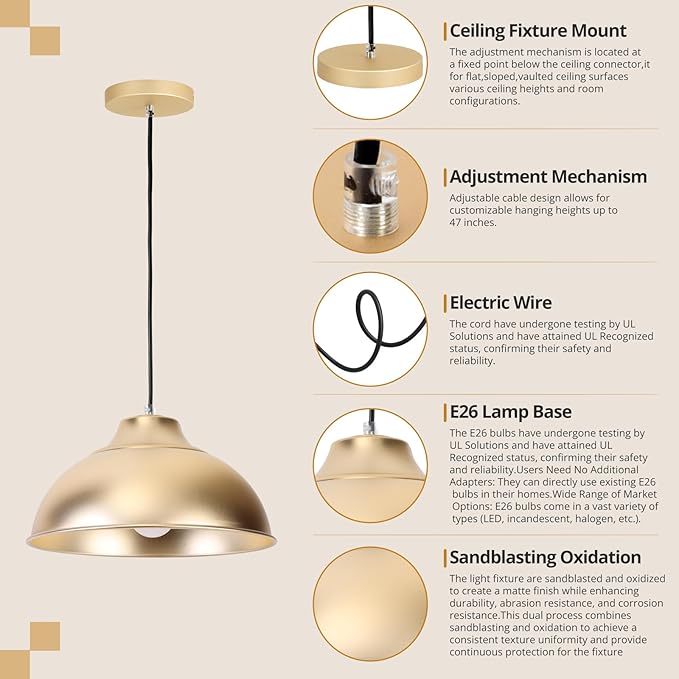 11.8" Aluminum Modern Farmhouse Pendant Light,Adjustable Height 47 Inch Cord Dimmable Compatible E26 Base Sandblasting Oxidation Round Dome Hanging Light Fixture for Kitchen Island Indoor (Gold)