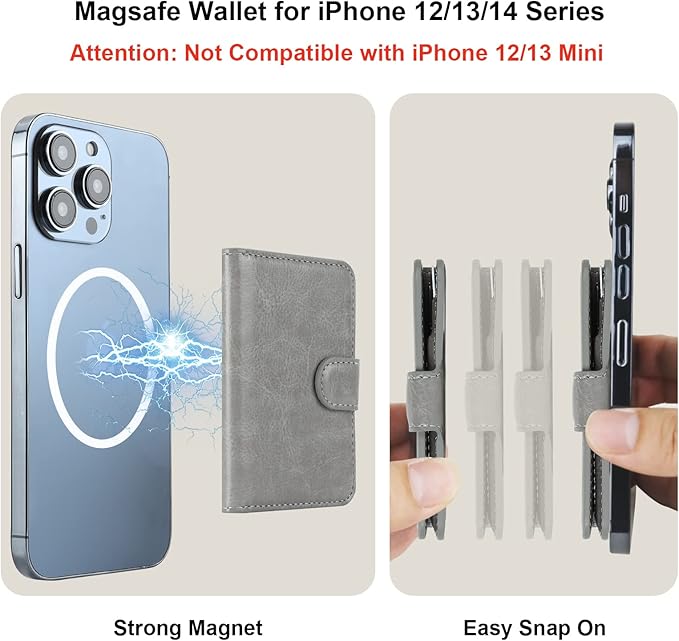 Bocasal for MagSafe Wallet Magnetic Card Holder, RFID Blocking Leather Card Slots for iPhone 17/16/15/14/13/12 Pro/Max/Plus/Air, Adjustable Kickstand Flip Mag Safe Wallet (Grey)