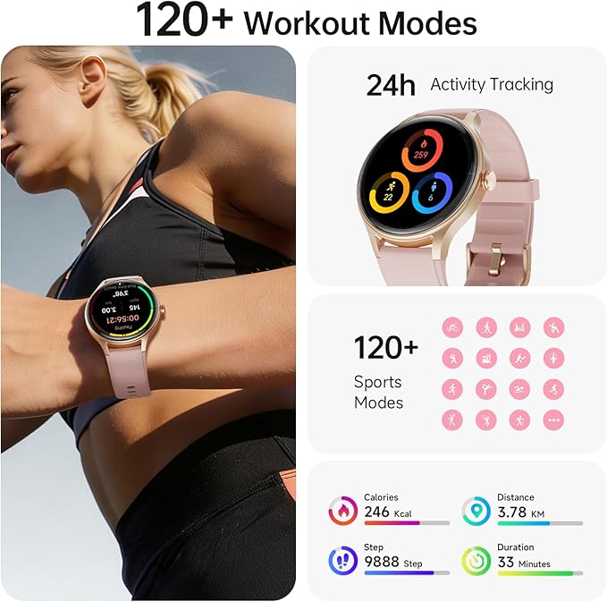 Smart Watch for Women,1.57inch AMOLED Touchscreen Fitness Watch for iPhone & Android,Heart Rate/Sp02/Sleep Monitor,110+ Sport Modes IP68 Waterproof Bluetooth Calls,2 Bands (Pink, 1.57)