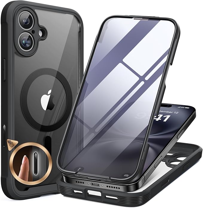 Miracase Magnetic for iPhone 16 Plus Case Full-Body Phone with Built-in Glass Screen Protector, [Compatible with MagSafe] Military Drop Proof 16 Plus Cover Bumper 6.7 inch, Black