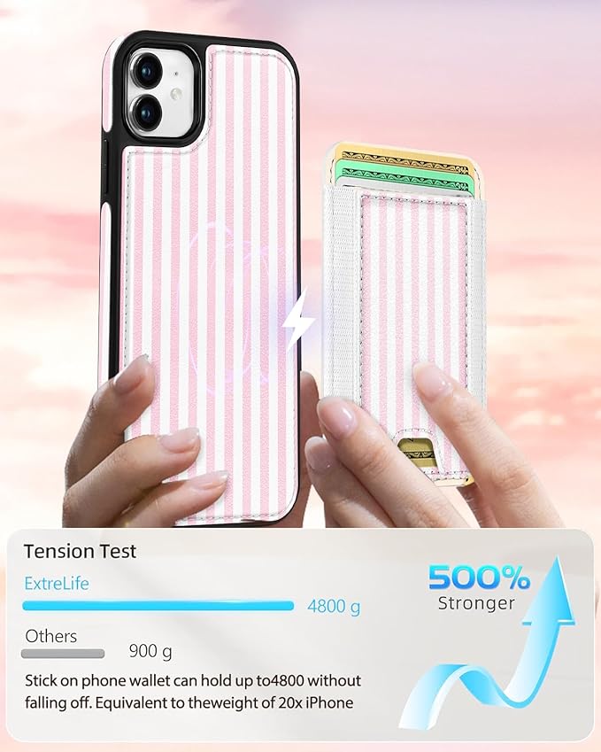 Shorogyt for iPhone 11 Wallet Case - Fits 5 Cards, Compatible with Magsafe Detachable Magnetic Credit Card Holder Leather Cardholder Cute Phone Cover Women Girls for Apple 11, Striped