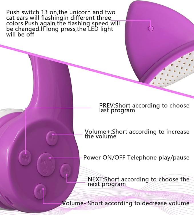 Unicorn Kids Headphones, Unicorn Bluetooth Headphone Foldable for Girls Boys Toddlers Tablet School Travel,Light Up Kids Wireless Headphone Birthday Gifts (Dark Purple)