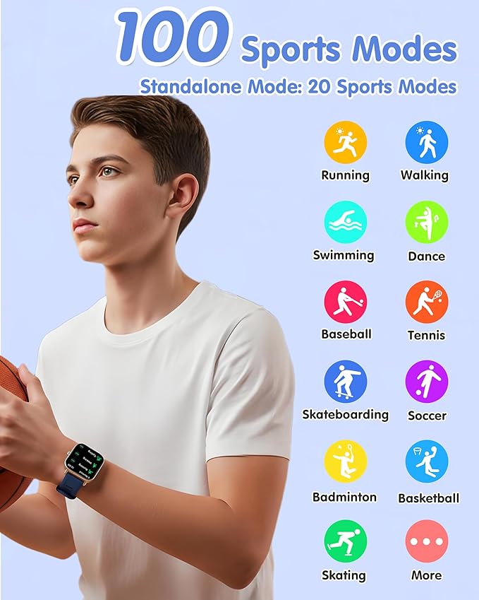 Kids Smart Watch, Kids Watch No Phone Needed Heart Rate & Sleep Tracker, Stress & SpO2 Monitor, 1.8" Fitness Tracker Step Counter, Alarm Clock, Games, Swimming Watch for Boys Girls Teens Aged 5+