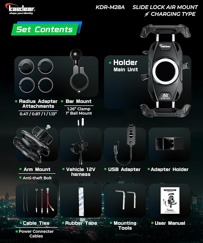 Kaedear Motorcycle Smartphone Holder, Vibration Absorption, QI, Wireless Charging, USB Powered, Waterproof, Mobile Phone Holder, Vibration Absorption, Mount, Air Mount, KDR-M28A