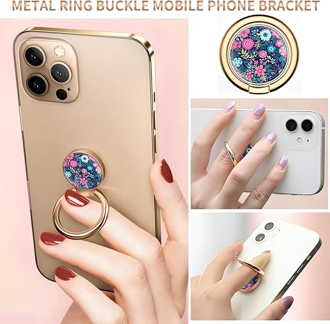 Cell Phone Ring Holder, Cute Metal Phone Grip Stand Finger Ring Kickstand, Flexible 360°Rotation Phone Tablet Case Accessories Compatible with Most Phones Purple Boho Flowers