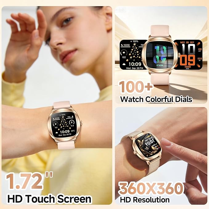 Smart Watch for Women, 1.72" Fitness Tracker with Answer/Make Calls, Sleep/Heart Rate Monitor, Smartwatch for Android iOS Support 100+ Sports Modes, IP68 Waterproof, Fitness Watch with 2 Band (Gold)
