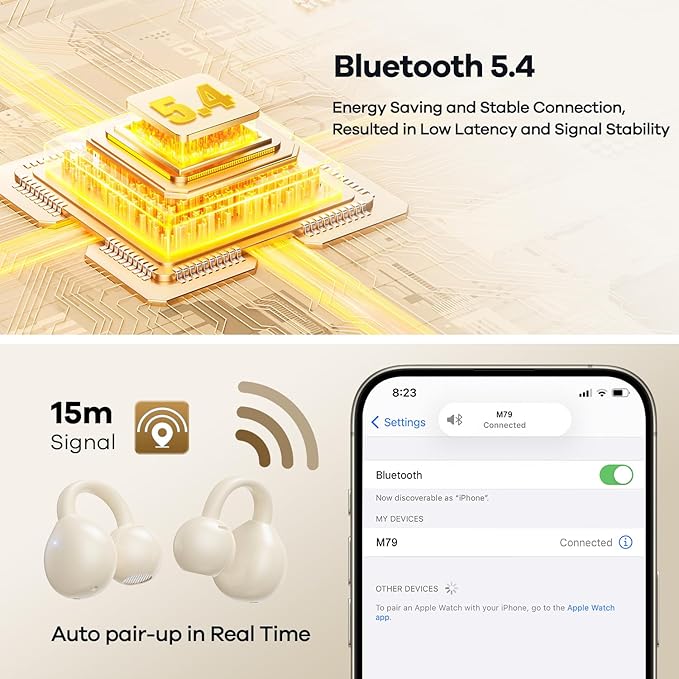 Ear Clip Earbuds Mini Open Ear Headphones Bone Conduction Earphones， True Wireless Bluetooth Headphones for Sport Workout Driving Walking Running Compatible with iPhone Android (Light Yellow)