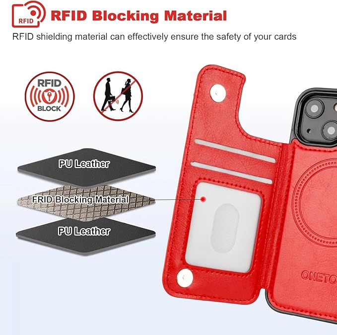 ONETOP Compatible with Magsafe for iPhone 13 Mini Wallet Case with Card Holder, PU Leather Kickstand RFID Blocking Case, Double Magnetic Clasp and Durable Shockproof Cover 5.4 Inch (Red)