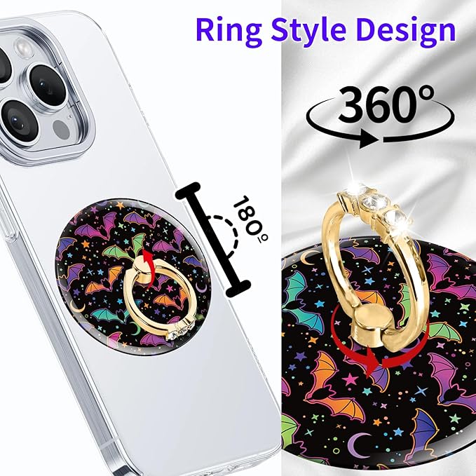 Magnetic Phone Ring Holder Compatible with MagSafe, Cute Phone Grip Stand with 360° Rotation Gold Glitter Finger Ring Kickstand Accessories for Most Phones Cute Purple Bats