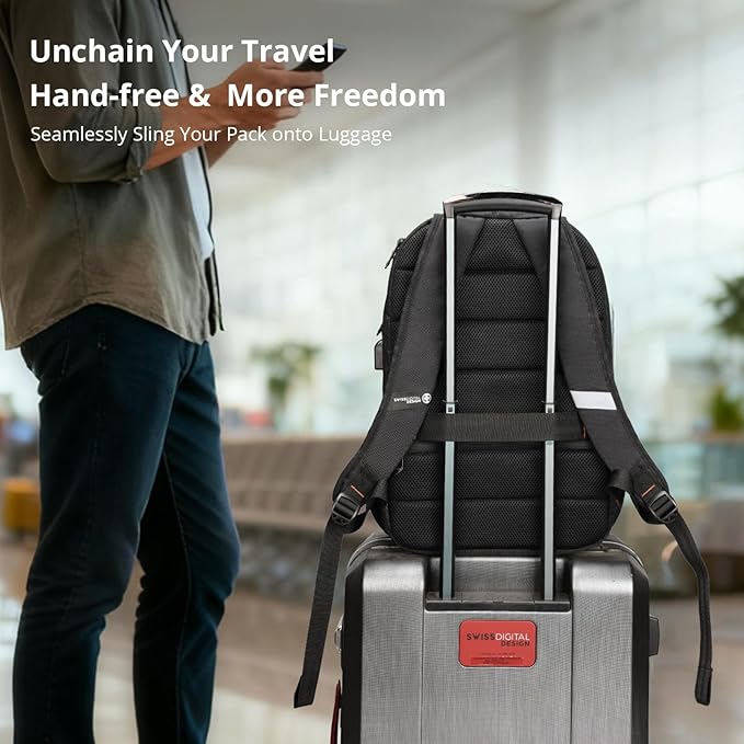 Swissdigital Design Adult Laptop Backpack, College Laptops Backpack with USB Charging Port for Men and Women Fits 16 Inch Notebook with Finder Keychain, Bluetooth Tracker, Item Locator for Keys