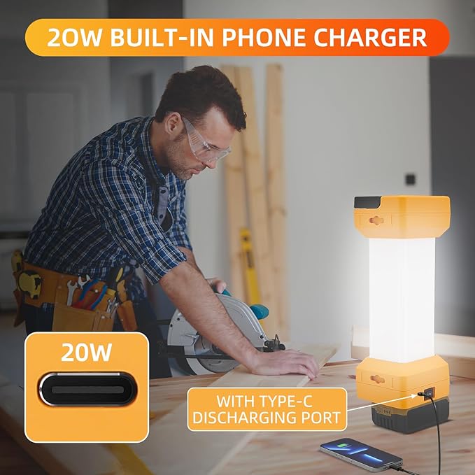 LED Work Light for DEWALT 20V Battery, 2900LM Outdoor LED Camping Lantern 360°, 2 Modes Portable Inspection Light for Car Repair,Workshop, Hide Hand and Type-C Charging Port